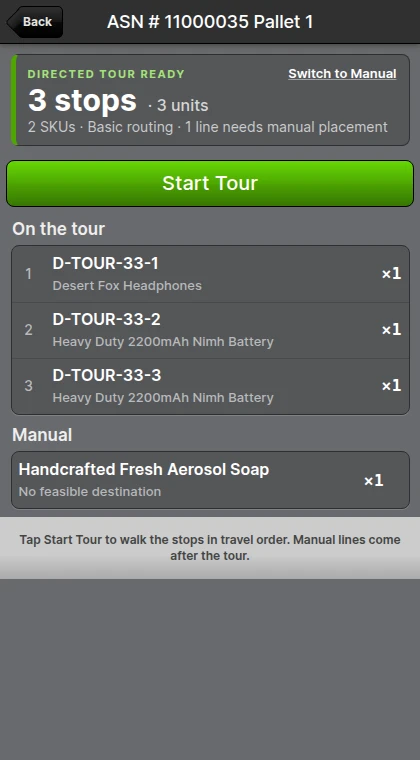 The Start screen with the Directed tour summary card, the Start Tour button, and the stops in travel order