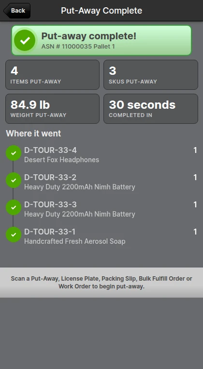 The Put-Away Complete summary with totals and the list of Locations inventory went to