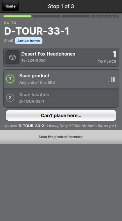 A Directed Put-Away stop showing the destination, the Product, the quantity to place, and the scan checklist