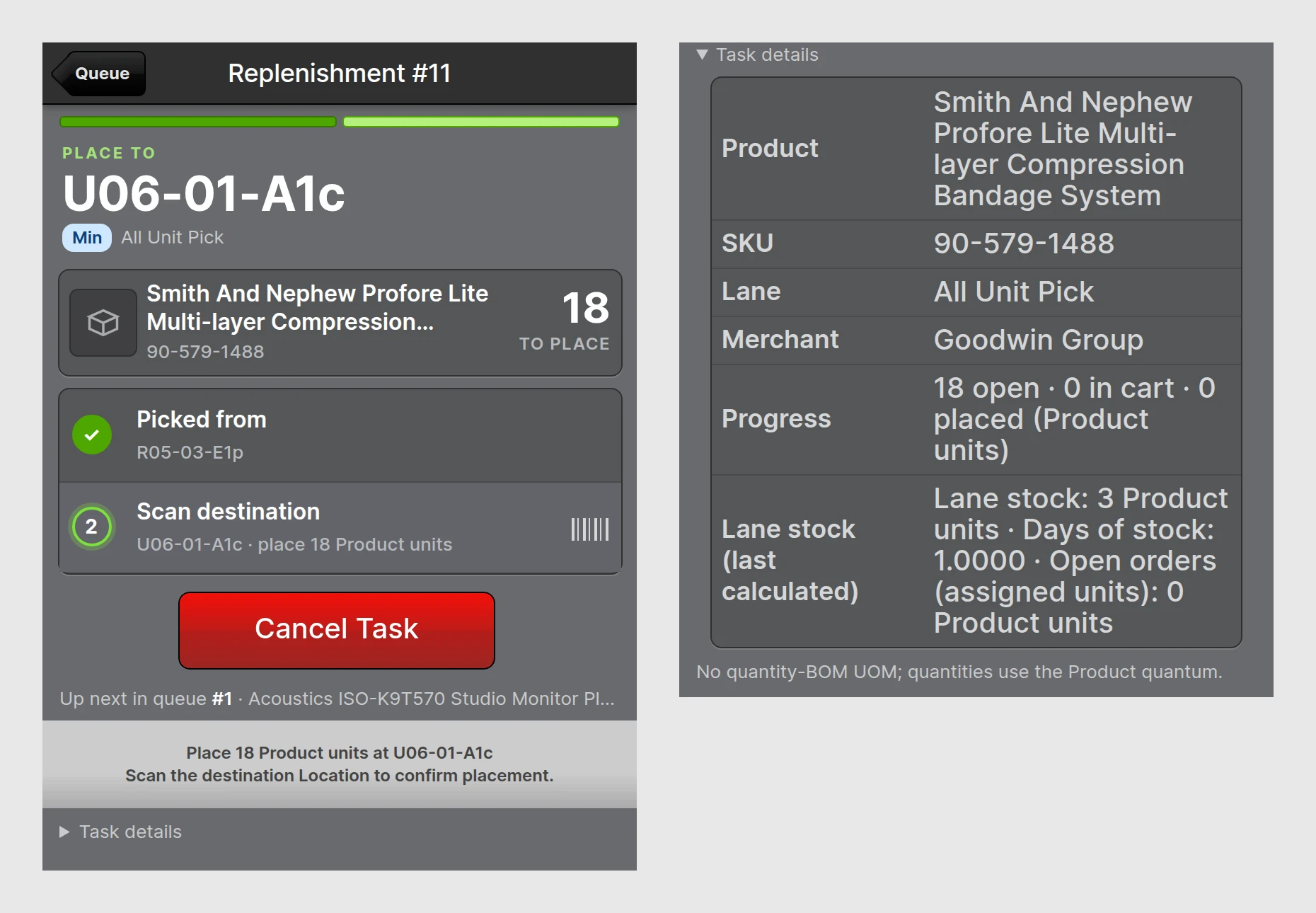 Place step with the destination to scan, next to the expanded Task details