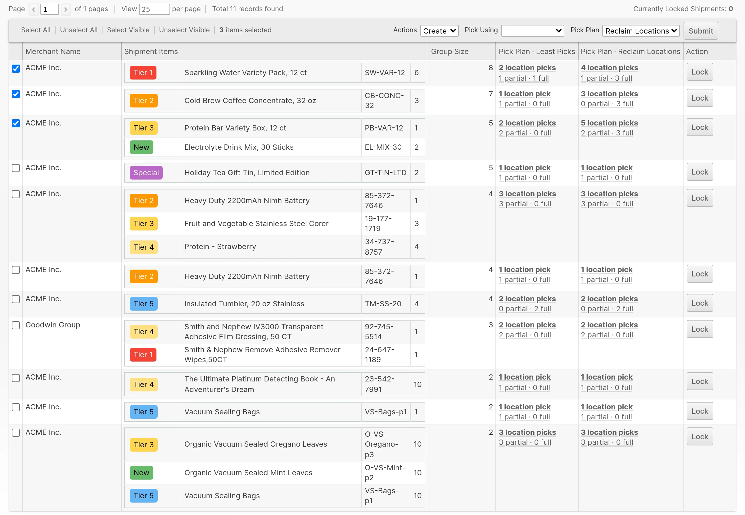 Create Bulk Fulfill Order grid with three groups selected, the Create action chosen and the Pick Plan set to Reclaim Locations