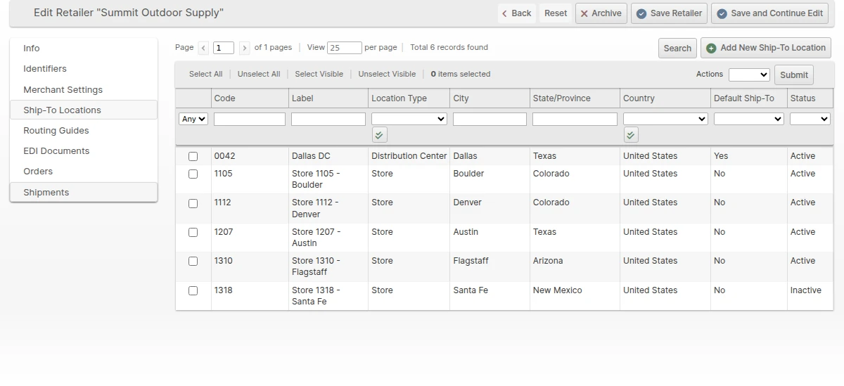 A Retailer's Ship-To Locations tab listing its distribution center and the stores that Orders can be marked for