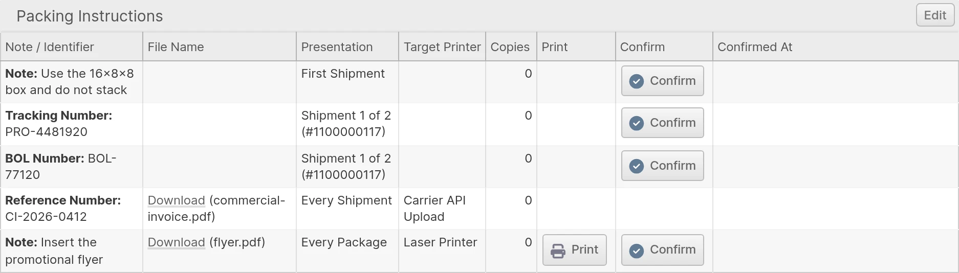 Packing Instructions section of the Order page with the Presentation, Target Printer, Copies, Print, Confirm and Confirmed At columns