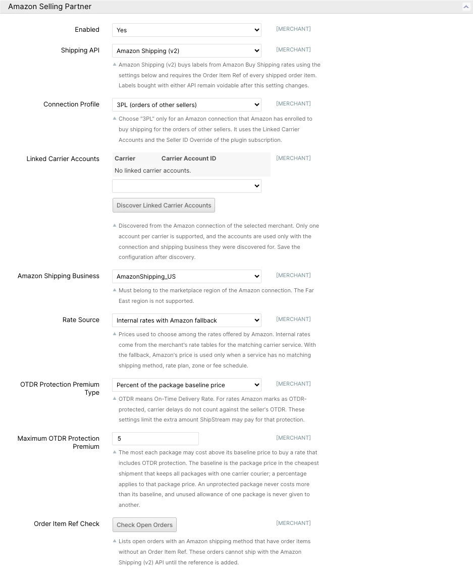 Amazon Selling Partner configuration with Shipping API set to Amazon Shipping (v2), the 3PL Connection Profile, Linked Carrier Accounts, Rate Source, and OTDR protection premium settings