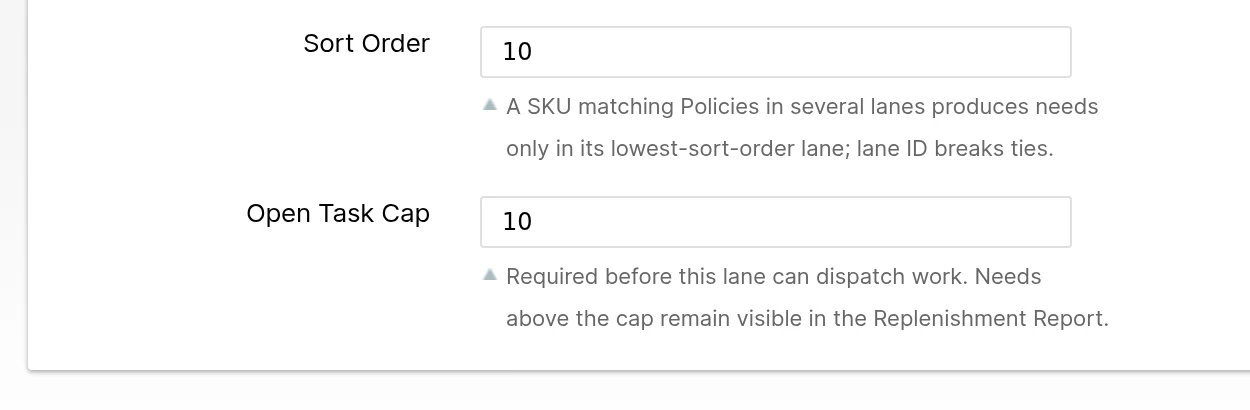 Replenishment Lane form with the Open Task Cap field