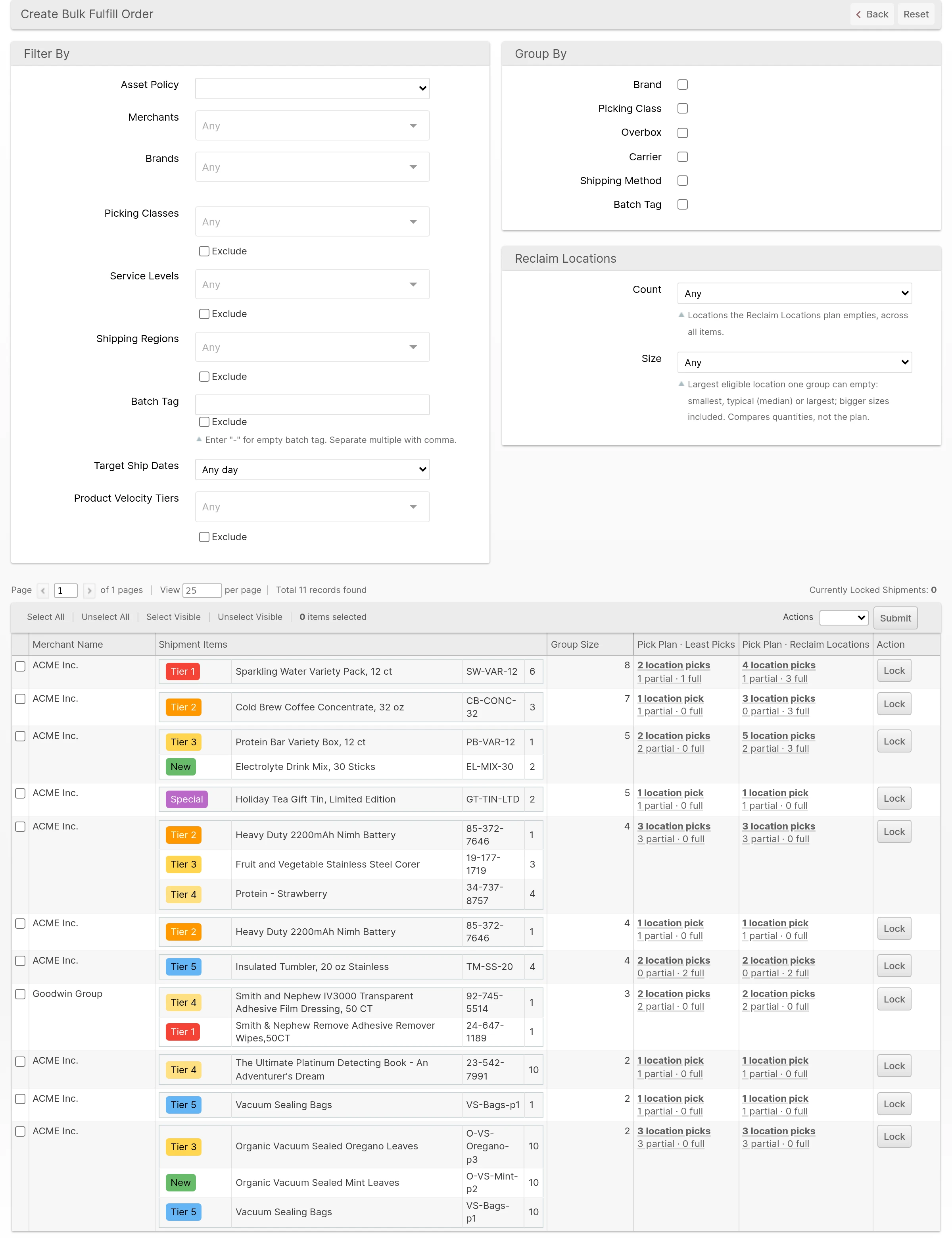 Create Bulk Fulfill Order grid comparing the Least Picks and Reclaim Locations plans for each group, with a Velocity Tier on each Product
