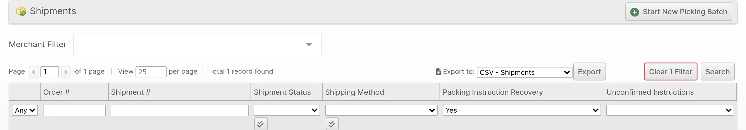 Shipments grid filtered with Packing Instruction Recovery set to Yes