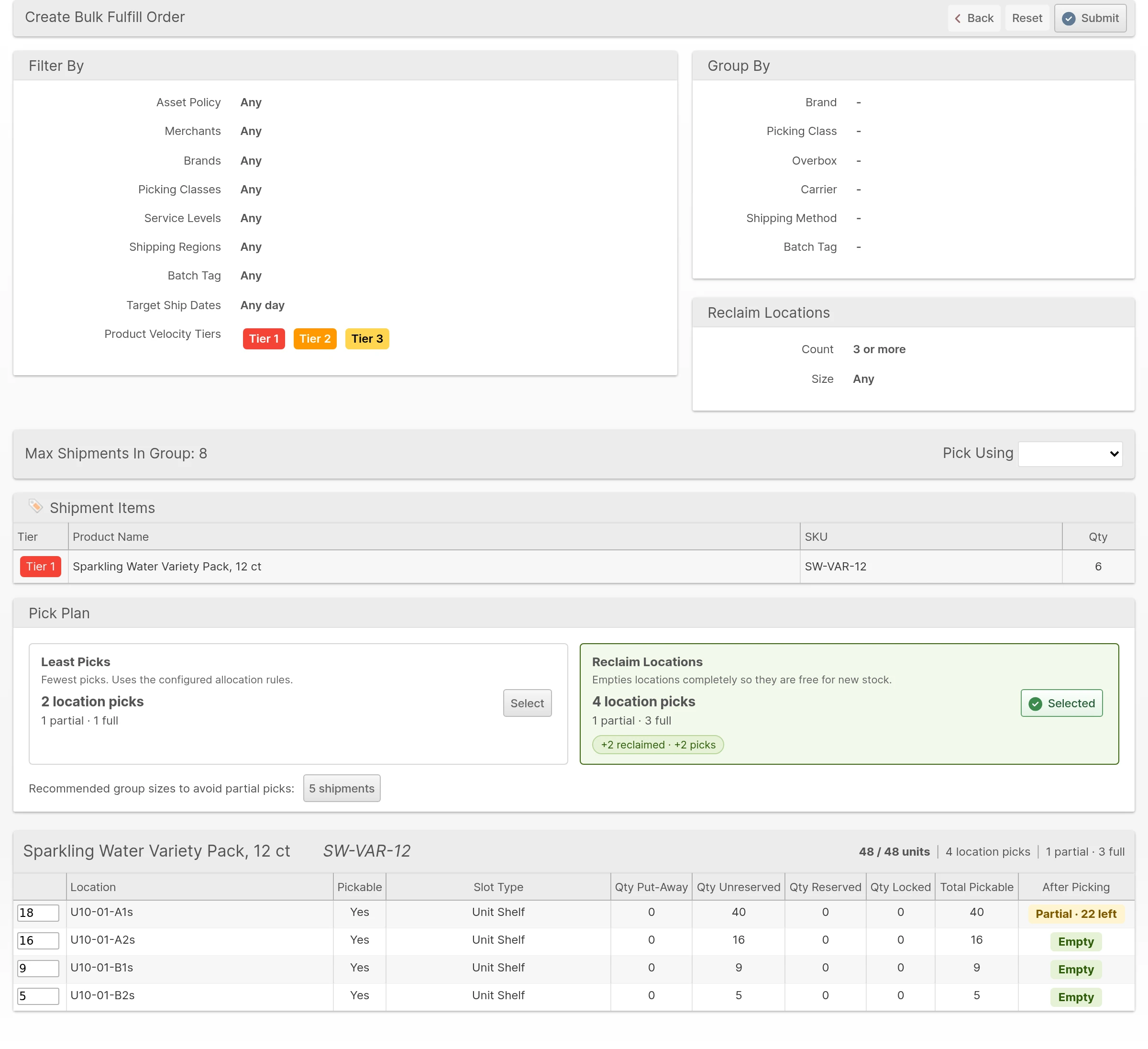 Choose Locations for a group of eight Shipments, with the Reclaim Locations plan selected and the After Picking column showing which Locations are left Empty or Partial