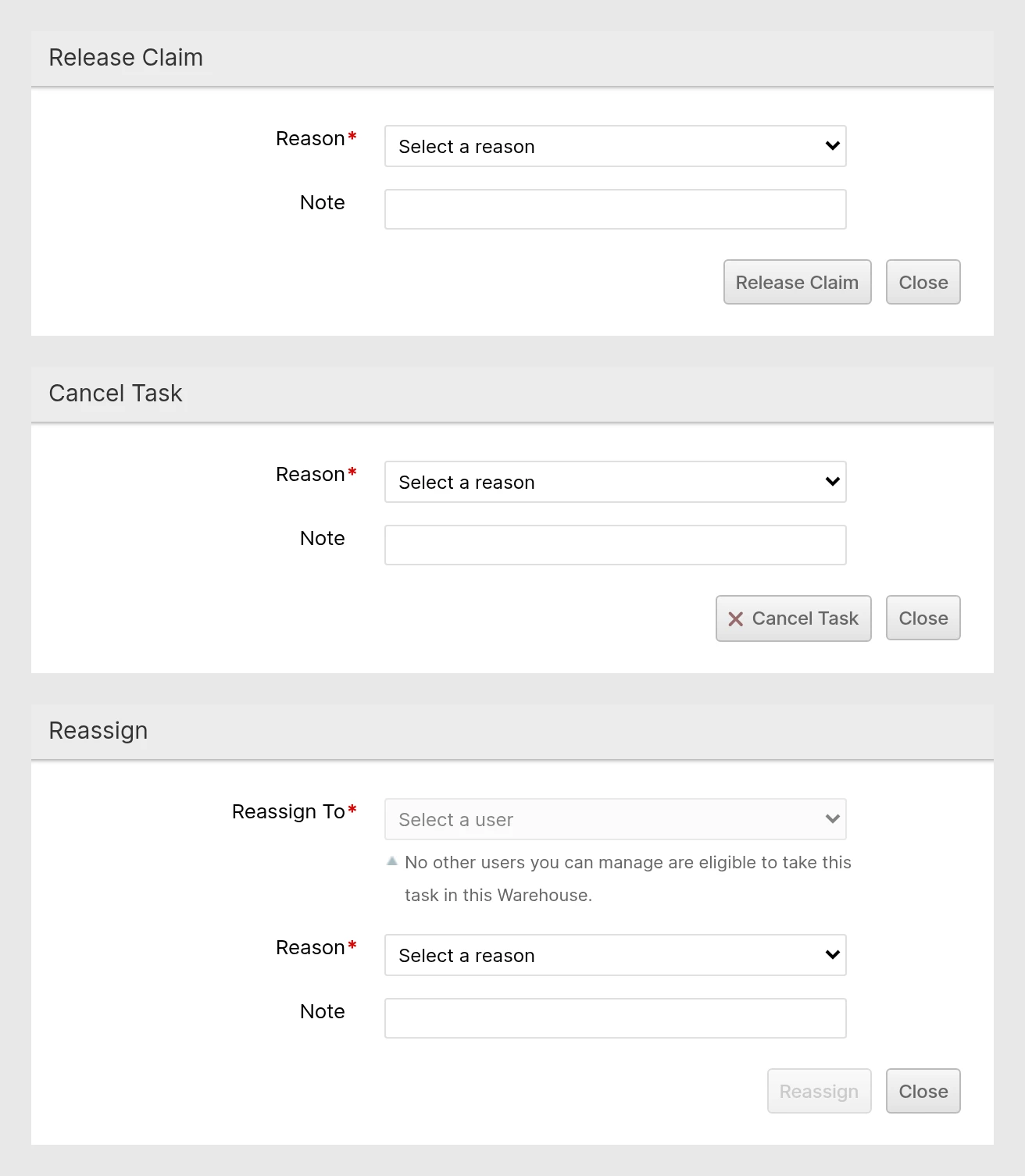 Release Claim, Cancel Task and Reassign dialogs, each with a reason and an optional note