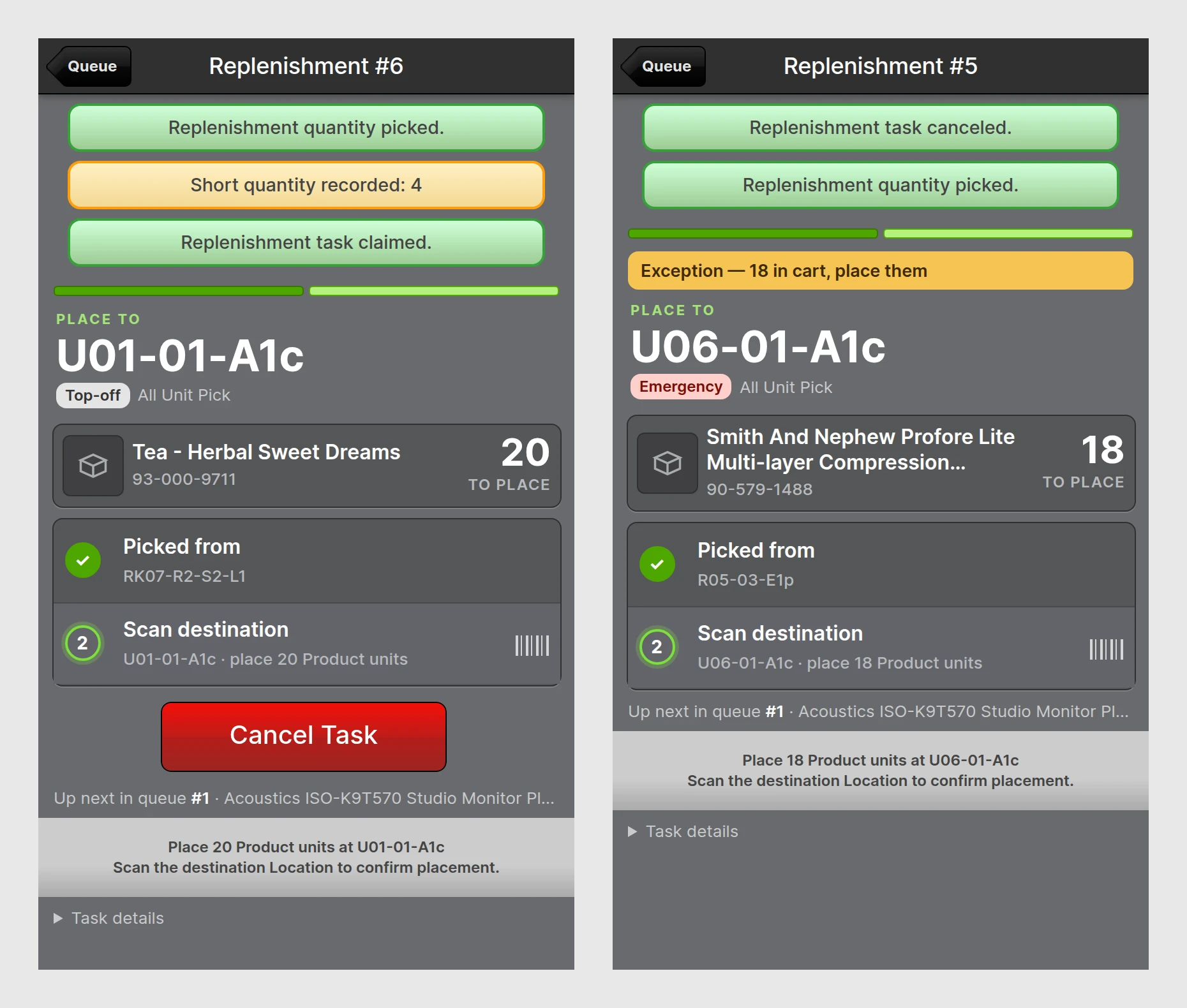 A short pick recorded at the source, and the Exception banner shown after canceling with stock in the cart