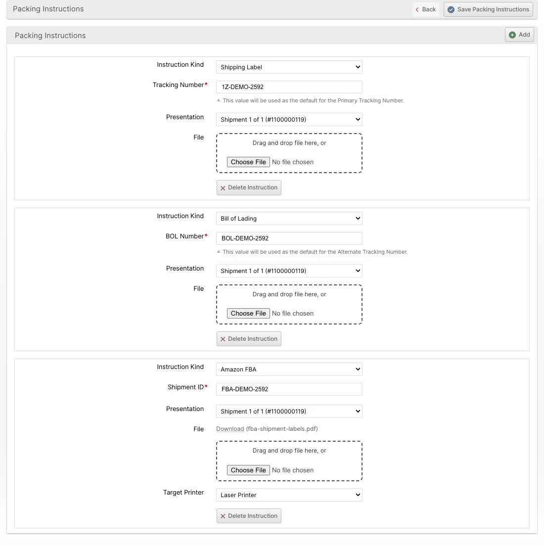Packing Instructions editor with Shipping Label, Bill of Lading, and Amazon FBA documents each assigned to a specific Shipment