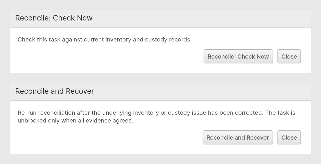 The Reconcile: Check Now and Reconcile and Recover dialogs