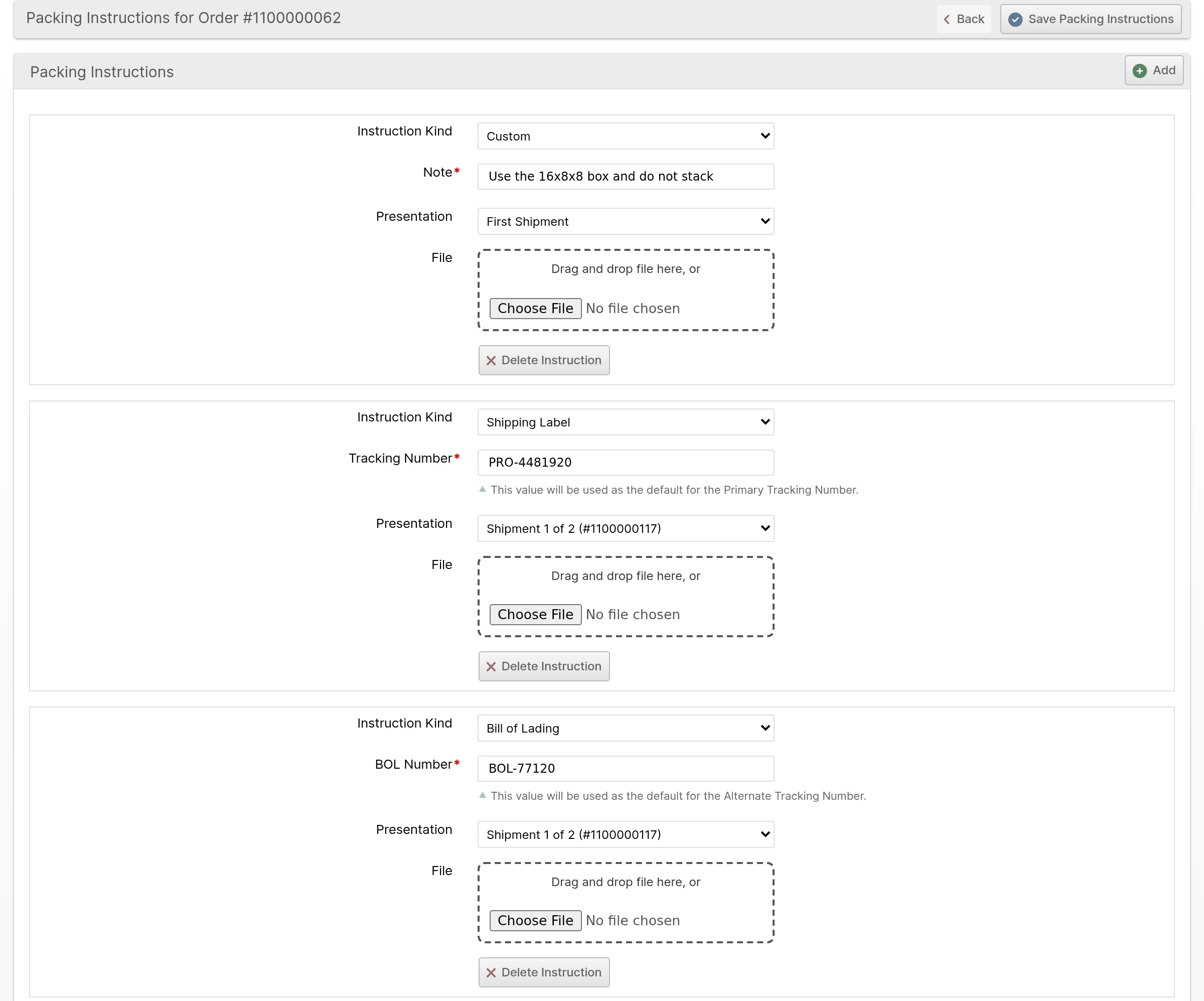 Packing Instructions editor showing an Instruction Kind, reference field, Presentation and file for each instruction