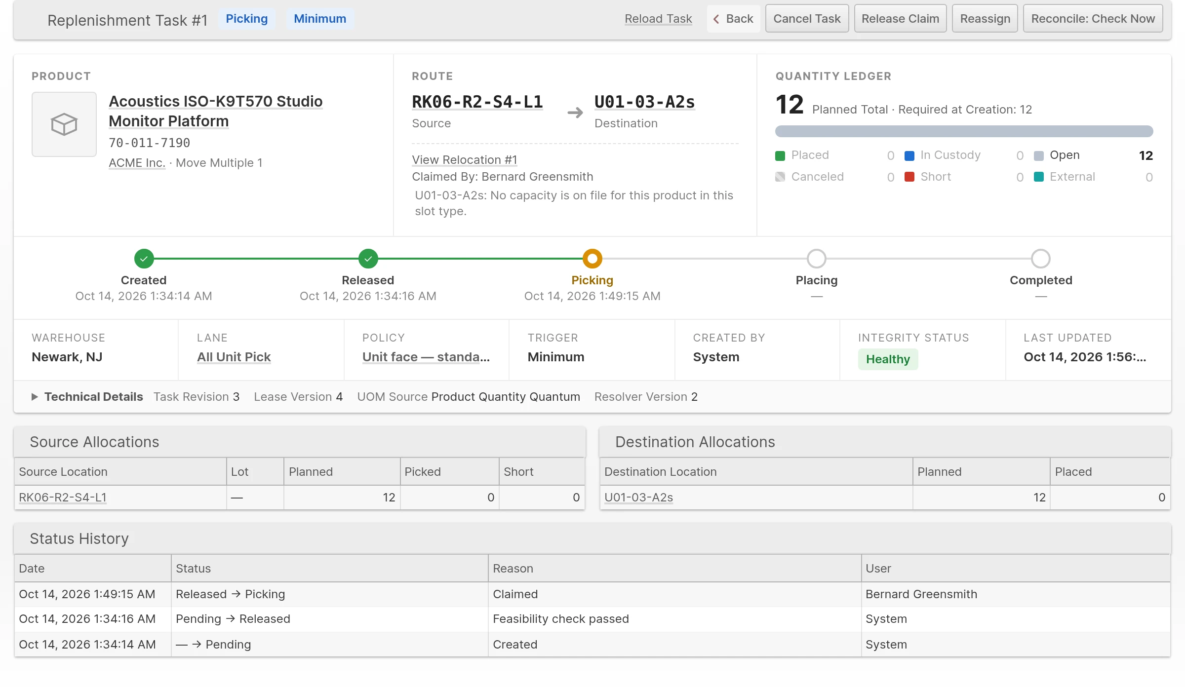 A claimed Task in Picking with the Cancel Task, Release Claim, Reassign and Reconcile actions in the header