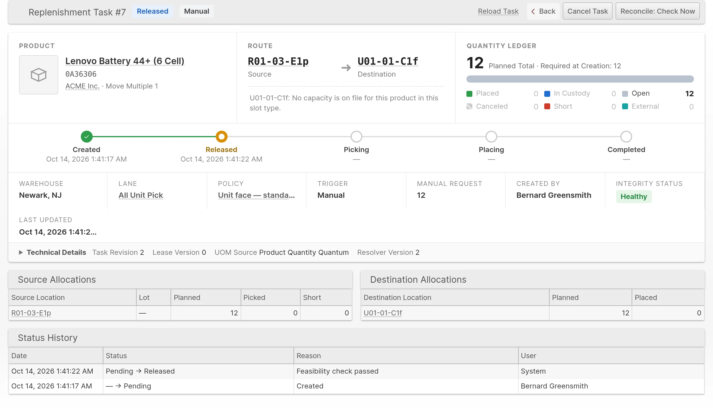 A newly created manual Task showing its Manual Request quantity and Created By