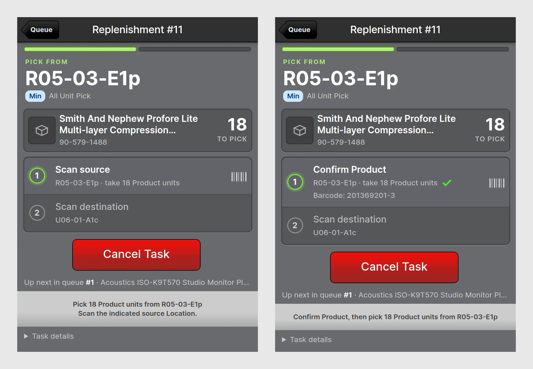 Task screen after claiming (Scan source), and after the source scan (Confirm Product)