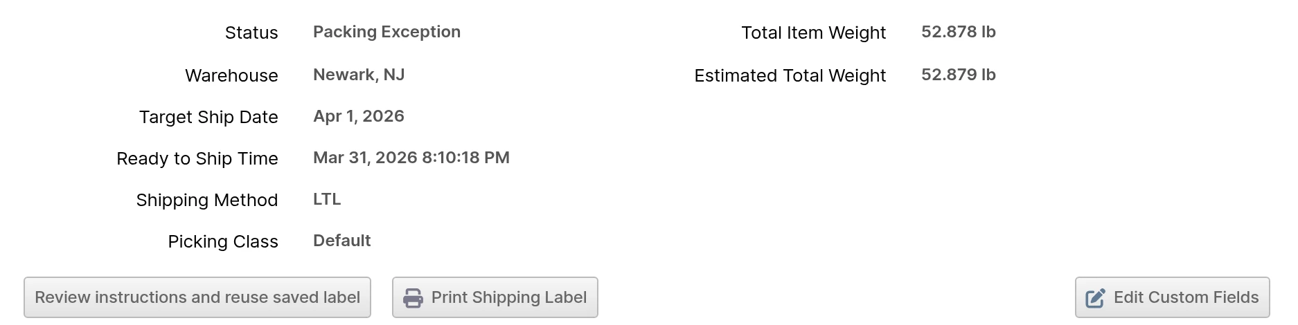 Shipment on the Order page in Packing Instruction Recovery with the Review instructions and reuse saved label button