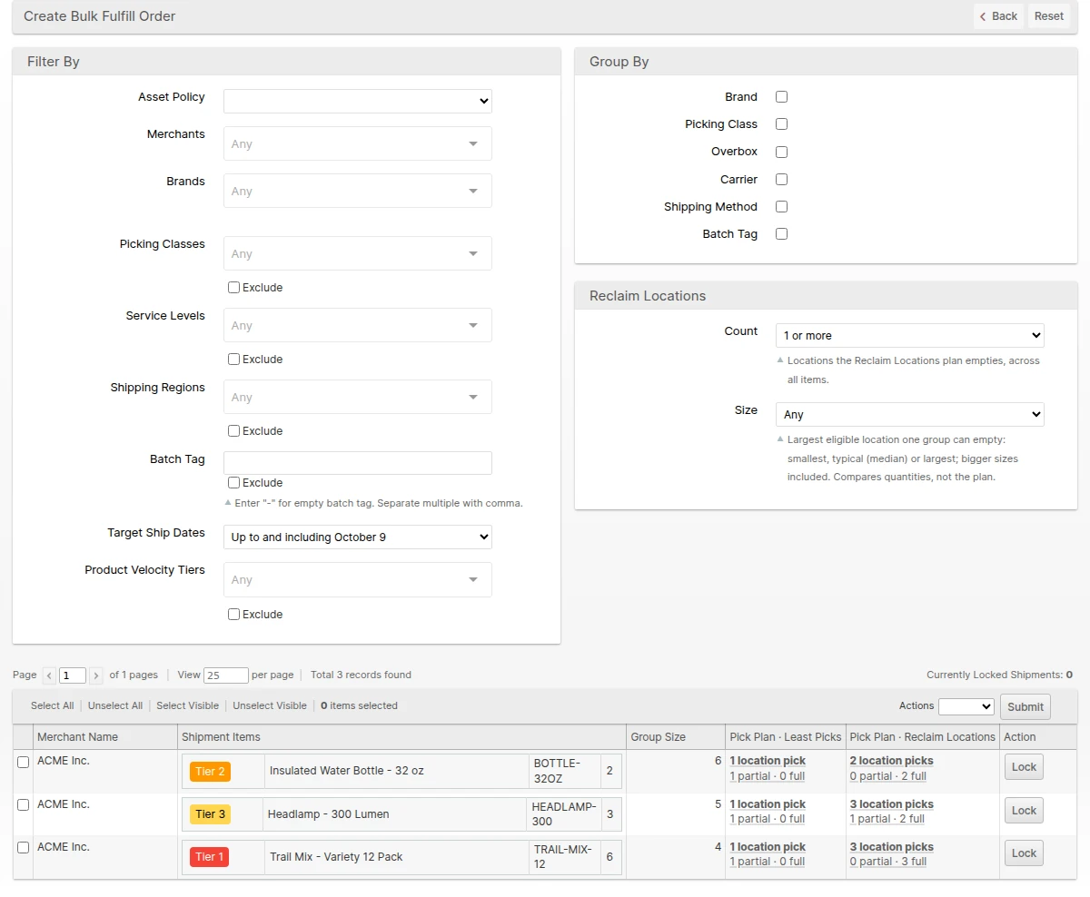 Create Bulk Fulfill Order grid filtered to groups the Reclaim Locations plan can empty, comparing Least Picks with Reclaim Locations for each group, with Velocity Tier badges on each Product
