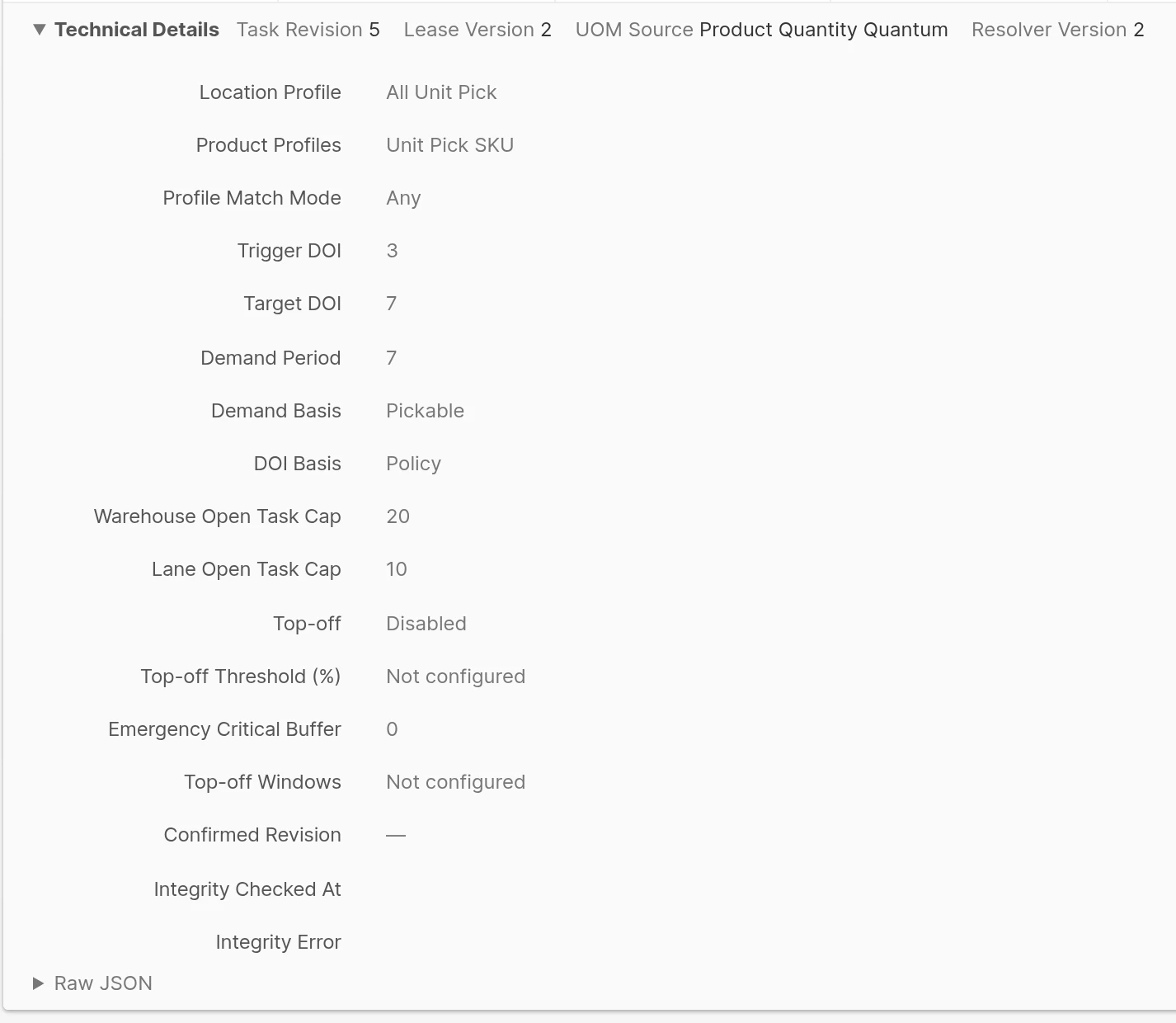 Technical Details expanded to show the Policy settings the Task was created with