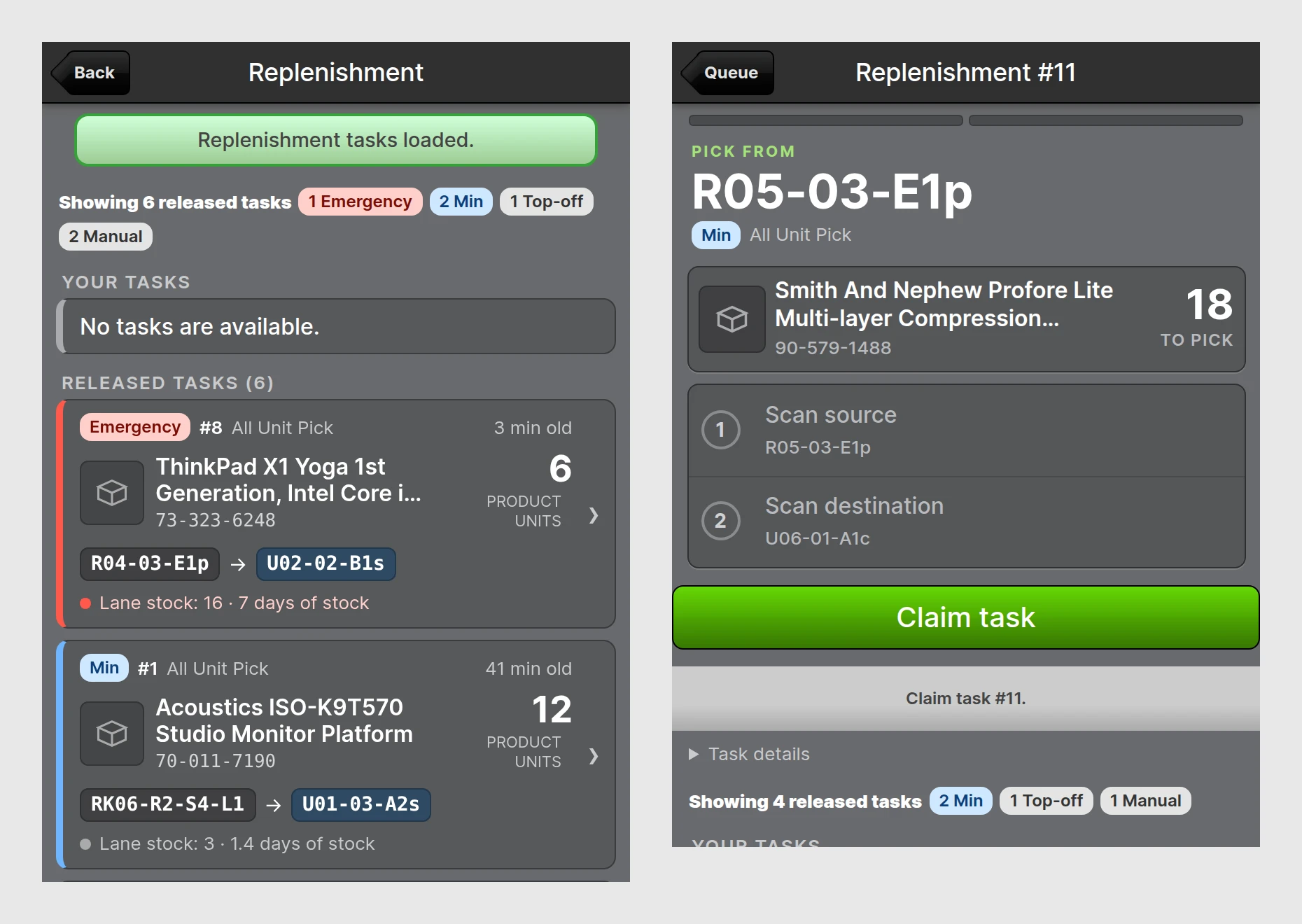 Scanner queue with Emergency, Min, Top-off and Manual Tasks, next to the Task screen before it is claimed