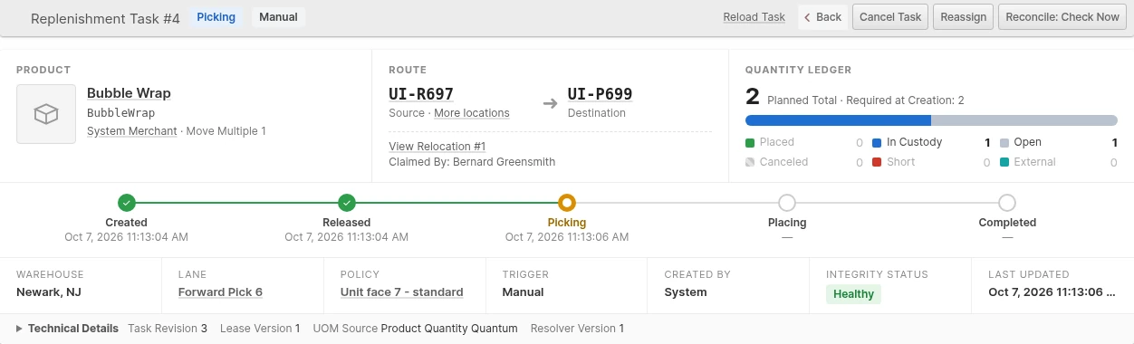 Replenishment Task page showing the Product, the route from source to destination Location, the quantity ledger, and the task lifecycle from Created to Completed